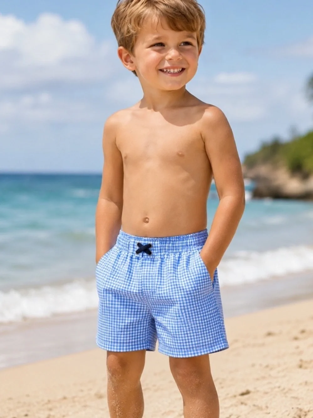 NWT Rugged Butts Toddler boy swim trunks cornflower blue gingham